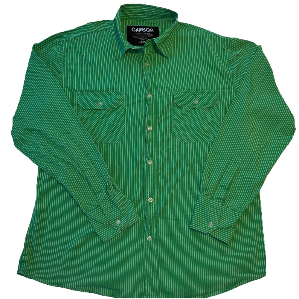 Carbon Men's‎ Green And White Striped Size Large Button Up Shirt